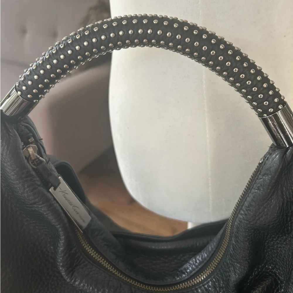 KENNETH COLE Black Leather Slouchy Hobo Bag with Studded Handle - Picture 8 of 13